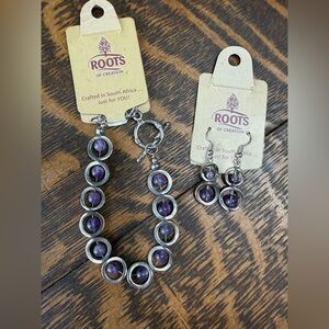ROOTS Purple Amethyst-Style Bead Bracelet and Dangle Earrings Set